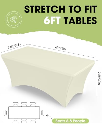 Image of Pureegg Spandex Tablecloth 6ft - 2 Pack, Fitted and Tight Cloth for Rectangle Table, Wrinkle-Free and Stretch Table Cover for Party, Wedding, Banquet and Birthday, Ice Cream, Ivory