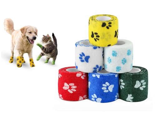 Image of Dog Bandage Cohesive Wrap for Paw & Leg | 5cm x 4.5m - Pack of 6 | Easy Tear, Fur Safe | Self Adhesive Elastic Vet Tape for Walking Protection, Wound Care & Licking Prevention Bandage Roll