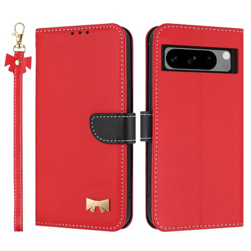 Étui compatible avec Google Pixel 8 rouge portefeuille rabat cuir couleur unie amovible
