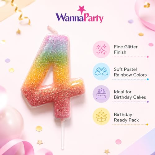 Image of Wanna Party Glitter Colorful 4th Birthday Candle, Number 4 Cake Candle Cake Toppers for Girl Women, Glitter Colorful Themed Party Decorations Supplies Birthday Gifts