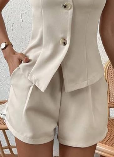 Women Summer Apricot 2 Piece Short Sets Sleeveless Suit Vest Top High Waist Shorts Business Outfit With Pocket4