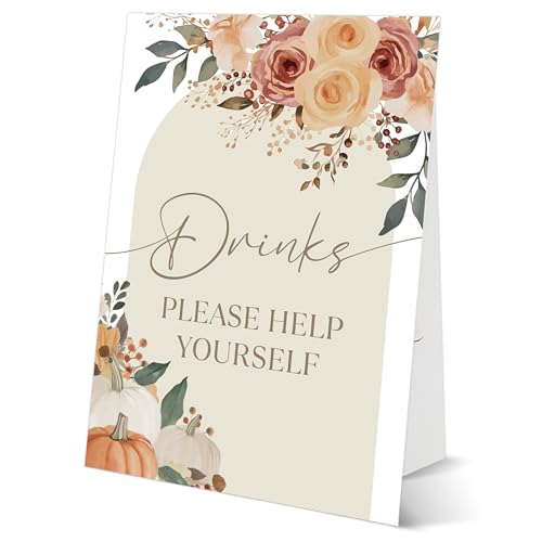 Pumpkin Baby Shower Tabletop Sign, Drinks Please Help Yourself, Include One 8×11 Sign with holder, Fall Floral Gender Reveal Party Decoration Supplies - FK17