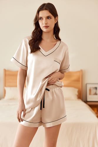 Ekouaer 2 Pack Silk Pajamas for Women Short Sleeve Satin Pj Set Soft V neck Sleepwear Loungewear, S-XXL2