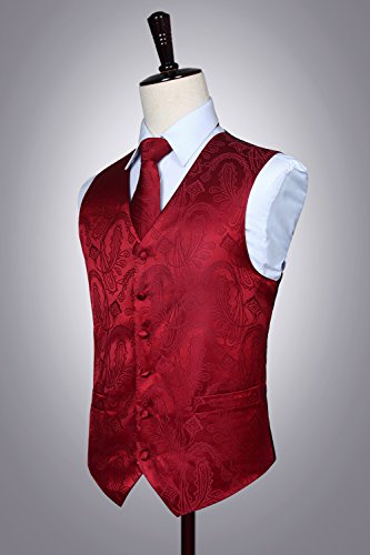Hisdern Men's Classic Vest Tie Set Paisley Floral Jacquard Necktie Pocket Square Formal Retro Formal Waistcoat For Wedding Prom Or Tuxedo Wine Red 3Pcs #TOP6