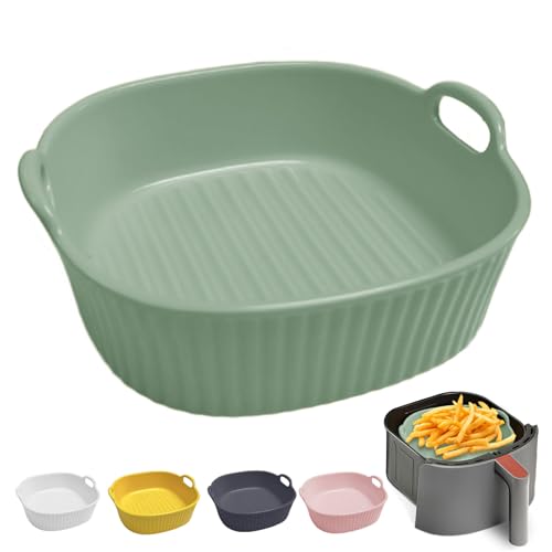 Cazuela redonda de cerámica, para freidora de aire caliente, 17,5 x 16 x 5,5 cm, para lasaña, molde redondo para lasaña, patatas fritas, sopa (verde)