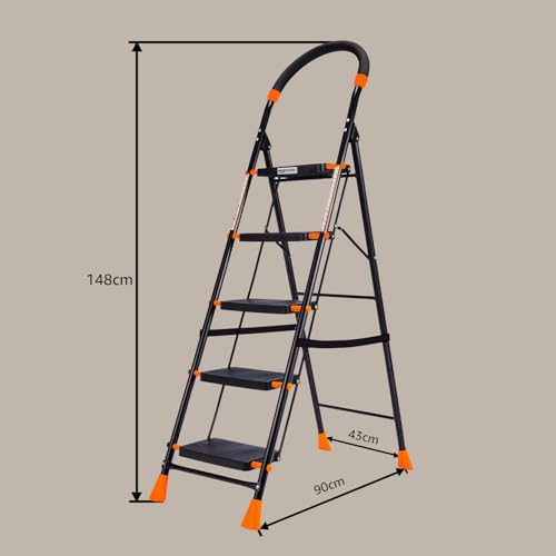 Image of Amazon Basics Curvo - Foldable Step Ladder, Ribbed Steps, Knee Guard, Non-Marring PVC Shoes, 5 Steps (Black & Orange)