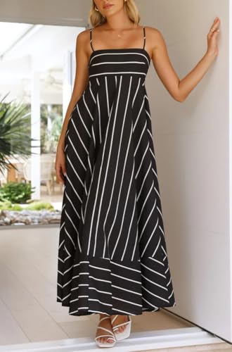 chouyatou Women's Summer Striped Spaghetti Strap Maxi Dress Boho Flowy Swing Back Smocked Beach Sundress3