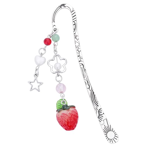 Berirexrion Unique Strawberry Bookmark Gift - Charm Pink Aesthetic Page Mark Cute Silver Chain Pendant Tassel Metal Bookmarks Reading Women Girl Friends Book Club Reader Birthday Valentines Retirement
