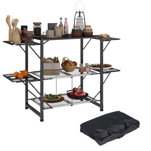 Outsunny Cuisine de Camping Table de Camping Pliante en Acier et Aluminium, avec Sac de Transport, 2 tablettes rabattables, 2 étagères et Porte-gobelets,...