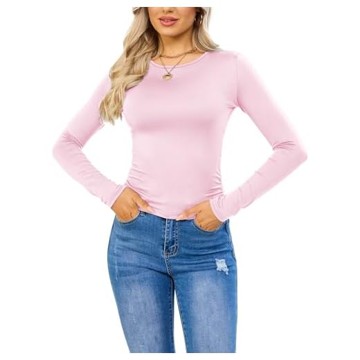 Camisetas de Manga Larga para Mujer, Camisetas Cortas Negras de Manga Larga para Mujer, Ropa de Calle, Ropa básica de Alta Elasticidad, Rosa, L …