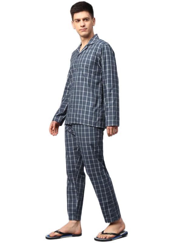 english navy Bluish Grey Men Wrinkle Resistant Checked Lapel Collar Night Suit-picture-33