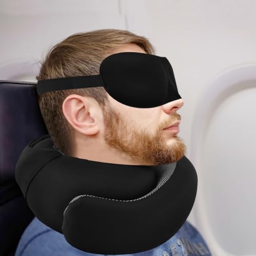 Image of Travel Pillow - Hooded Neck Pillow for Travel, Airplane Neck Pillows Stowable Hood, Memory Foam Head Chin Support Pillows for Office /Airplane /Car(Color:Black)