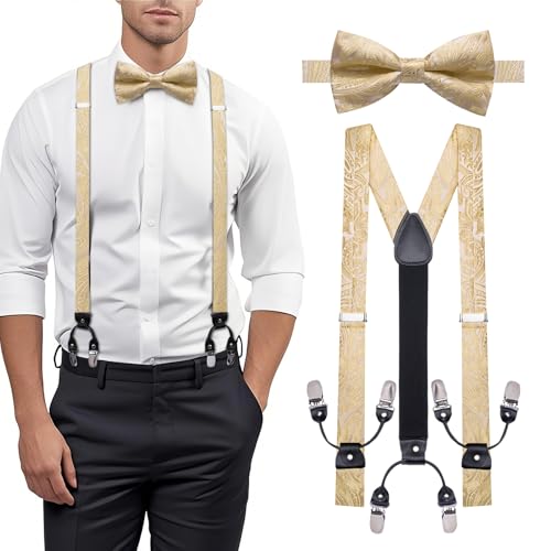 Image of YOHOWA Men Suspenders 6 Clips Strength Adjustable Y Braces Pre-Tied Bow Tie Set Formal Wedding Party