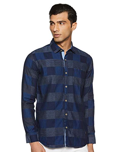 Image of CAHOOT Men's Navy Blue Checkered Button Up Shirt Regular Fit for Casual Wear | Structured Shirt Crafted with Regular Full Sleeve and Comfort Fit for Everyday Wear