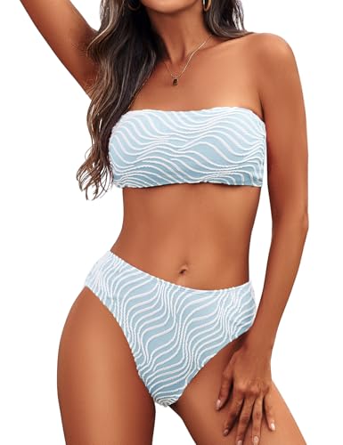 Zuvebamyo Women Strapless Bandeau Bikini Sets Two Piece Textured Swimsuits Ribbed Lace Up Bathing Suits Lightblue S