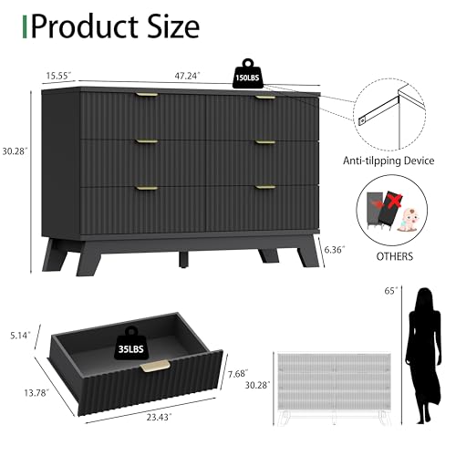 Image of Xixini Fluted Dresser for Bedroom with 6 Drawers, 48 inch Wide Wooden Chest of Drawers with Metal Handle, Modern Dresser TV Stand, Wood Closet Clothes Storage Organizer for Living Room, Hallway, Black