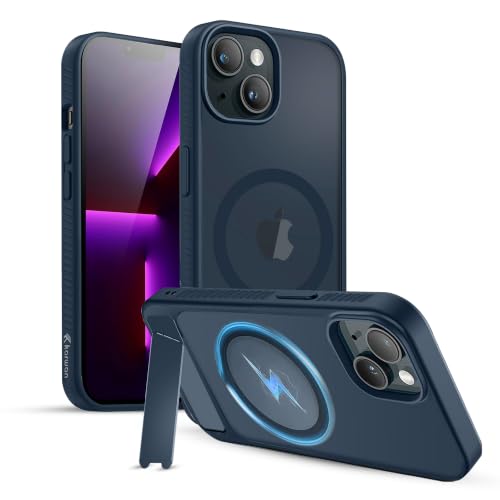 Image of KARWAN Matte Back Case Cover Compatible with iPhone 14 Plus with Magnetic Stand Shockproof Cover with Camera Protection, Scratch Resistant, MagEaze Wireless Charging Support,N52 Magnetic Ring, Blue