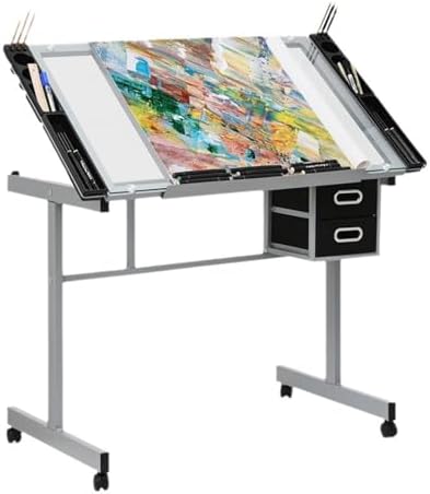 Mobile Table Bedside Stand Adjustable Office and Home Folding Table,Drafting Table,Drawing Table, Art Desk, Adjustable Drafting Table with Glass Tablet(
