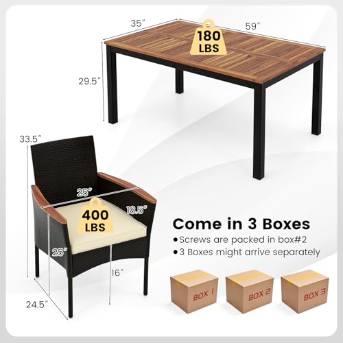 KOTEK Outdoor Dining Set for 6, PE Rattan Wicker Patio Furniture Set with Wood Table & Cushioned Armchairs, 1.96'' Umbrella Hole, Patio Table and Chairs Set for Garden, Backyard, Balcony, Poolside