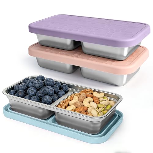 Mostdream 3 Pack 15 oz Stainless Steel Snack Containers for Kids, Reusable Metal Snack Containers with Silicone Lids, 2 Compartment Stackable Metal Toddler Lunch Box for Daycare, School and Outdoor