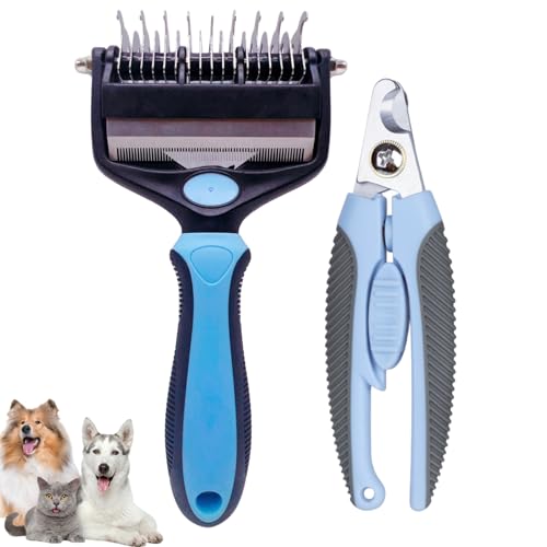 Deshedding Brush and Comb for Long and Short-Haired Pets, Undercoat Rake with Bonus Pet Nail Clippers, Trimmer, and Storage Bag (blue)