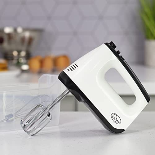 Quest Hand Mixers with Storage Case/Handheld Electric Whisk/Includes Flat Beaters, Dough Hooks & Whisk / 6 Speed Control/Easy One Button Release (White)
