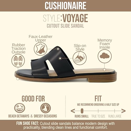 Image of CUSHIONAIRE Voyage Cutout Strap Slides for Women, Slip On Summer Flats, Trendy Footwear, Memory Foam Vegan Leather Comfortable Vacation Style Sandals