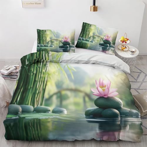 Housse de Couette 90x190 Bambou et Galets Parure de Lit 1 Personne Sources Thermales 3 Pièces Housse Couette en Microfibre Douce Imprimé 3D avec 2 Taies...