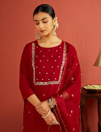 Image of Kaari Women's Hand Embroidered Kurta Set with Dupatta - Straight Fit | Silk Blend Fabric with Dabka Work | Sequin Work Organza Dupatta | Straight Pant with Side Pocket | Kurta Set For Women