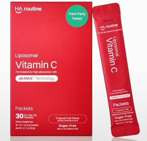 Liposomal Vitamin C Powder, Sugar-Free Flavored Packets for Adults, 500mg On-The-go Immune Support Supplement, Powerful Antioxidant, Energy Booster- 30x Packets, Tropical Fruit Flavor