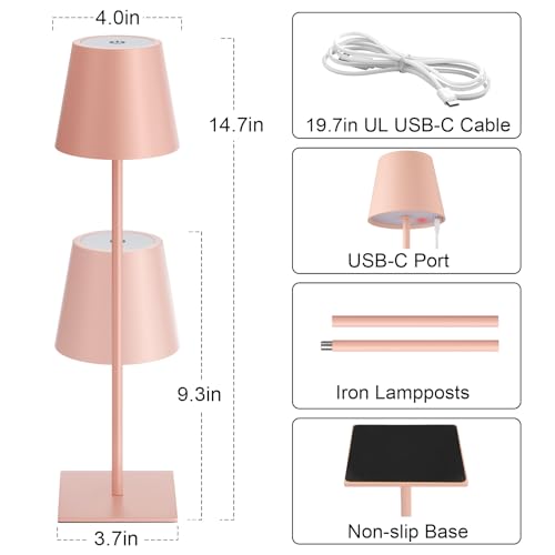 Image of Kakanuo Pink Cordless Rechargeable Table Lamp 5000mAh Battery Operated Lamps, 3 Colors Stepless Dimming Touch Lamp for Living Room, Kitchen Counter, Dining, Outdoor Patio, 2 Pack
