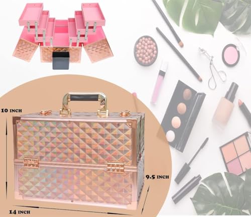 Image of Adson Professional Makeup Box Cosmetics Case Jewelry Organiser Vanity Make Up Storage Box Beauty Train Case Lockable with Keys (Marble Rose Gold)