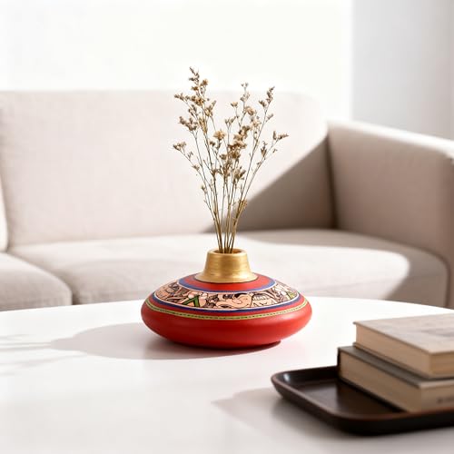 Image of Aakriti Art Creations Terracotta Vases Set of 3 Earthen Handcrafted Red Madhubani Vase (3.5x6.5 in) Decorative Flower Vases for Living Room Table Decor Matte Finish