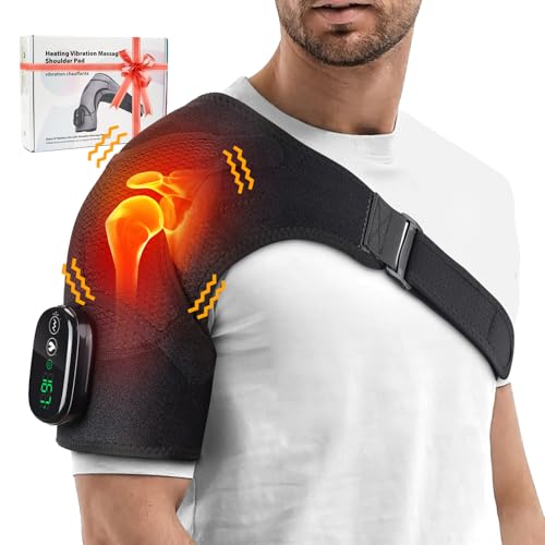 Cordless Portable Shoulder Heating Pad & Massager, Heating Vibration Shoulder Wrap, Shoulder Brace for Pain Relief, Rotator Cuff Support for Men & Women, Black