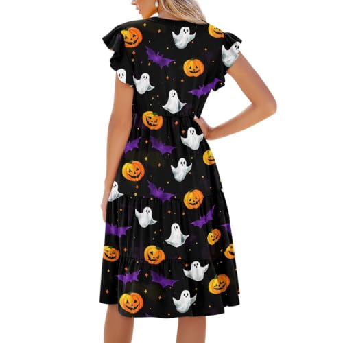 Image of Womens Summer Dress Ruffle Sleeve V Neck Dress Casual Fit Flowy Beach Vacation Sundress with Pocket S-2XL