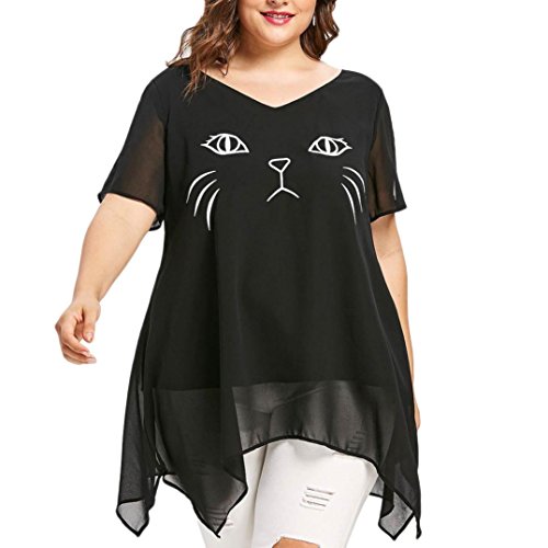 Blusa Mujer Elegante de Talla Grande Verano Camisa de Manga Corta de Impresión Gatos Casual Camiseta Camisas Mujer de Vestir XL/XXL/XXXL/XXXXL/XXXXXL (Negro, 5XL)