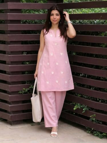 Image of ANNI Designer Kurta Set for Women Cotton Blend Embroidered | Kurti Set for Woman | Farshi Salwar Suit Kurta Palazzo Outfit | Round Neck V Slit Sleeveless Regular Fit Ethnic Dress Stylish Clothing