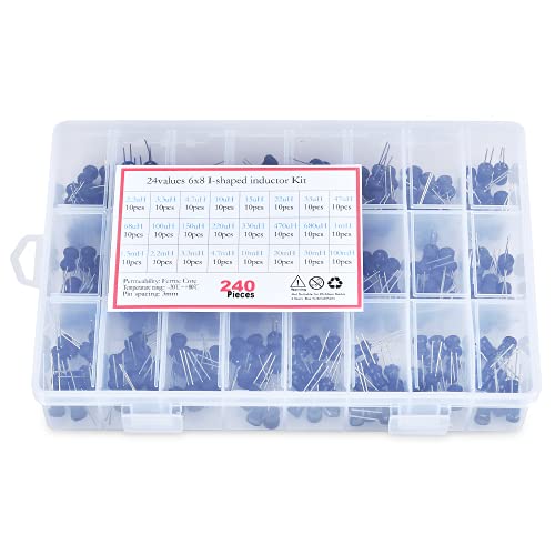 Elesunory 24 Values - Juego de inductores de 240 piezas, kit de condensador de 2.2uH a 100 mH para industrial, kit Mosfet cilíndrico enchufable para tubo de PVC o UL