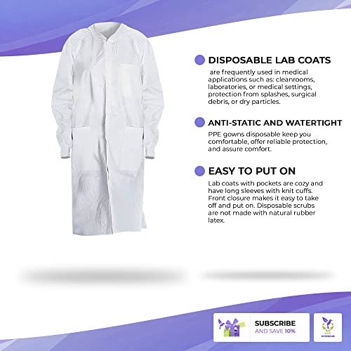 AMZ Medical Supply White Disposable Lab Coat. Pack of 10 Splash Proof Disposable Gowns Small. 40 gsm SMS Unisex Surgical Gowns with Long Sleeves, Knit Collar and Cuffs, 3 pockets. - Thumbnail 3
