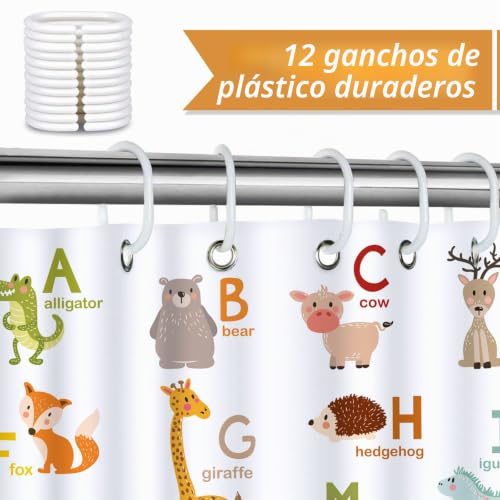 Miniatura 3 de Bonhause Cortina De Ducha Para Niños Alfabeto Abc Animales Cortina De Baño De Poliéster Impermeable Antimoho Lavable Cortina Ducha 180 X 180 Cm Con 12 Ganchos