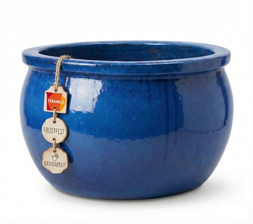 Teramico Pflanzgefäß Steinzeug handgefertigt | Frostsicherer Keramik Blumenkübel mit Abflussloch | Wetterbeständiger Übertopf Größen, ideal für Innen & Außen (Royal Blau, 28cm x 17cm)