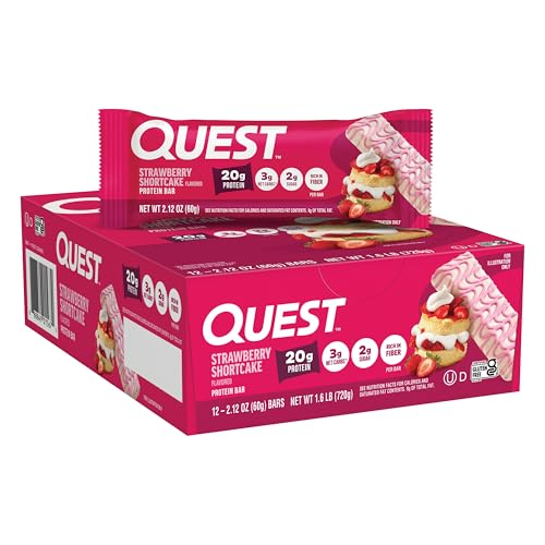 Quest Nutrition Proteinriegel, 20 g Protein, 2 g Zucker, 3 g Netto-Kohlenhydrate, 10 g Ballaststoffe, glutenfrei, 12 Stück (12 Stück, Erdbeer-Shortcake)