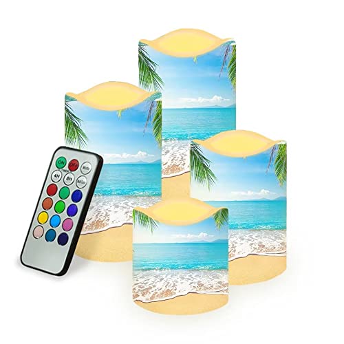 Jeiento Ocean Theme Flameless Candles, Beach Flickering Led Candles With Remote Timer, Battery Operated Real Wax Pillar Candle For Home Bedroom Party Wedding Decor, Set Of 4 #TOP7