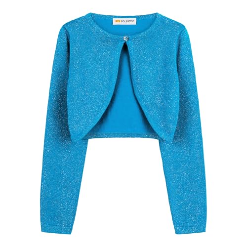 Image of BOLEROSE Girls Sparkle Long Sleeve Bolero | Open Front, Heart Diamante Button, Glitter Thread, Cropped Length, Ribbed Cuffs, Won't Shed or Flake, Ages 3-14
