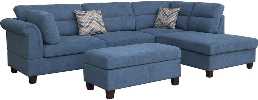 Hugo Sectional Sofa with Right Facing Chaise, Ottoman, and Pillows in Blue Polyester