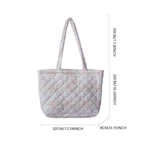 Image of Floral Quilted Cotton Shoulder Bag for Women Daily Use Medium Size Handbag Large Capacity Thickened Design Tote