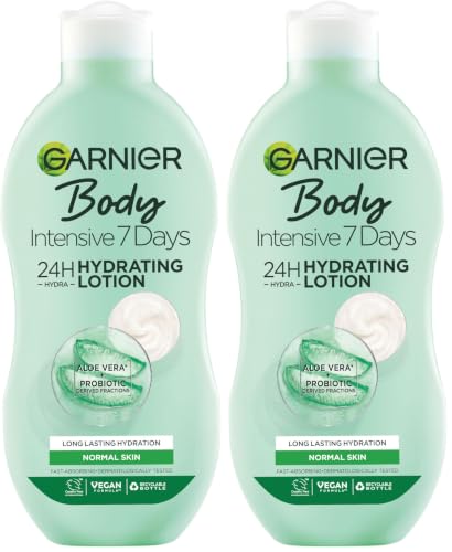 Image of Garnier Intensive 7 Days Aloe Vera Probiotic Extract Body Lotion Normal Skin, Fast Absorbing Non-Greasy Non-Sticky Nourishing Body Moisturiser 400 ml (Pack of 2)