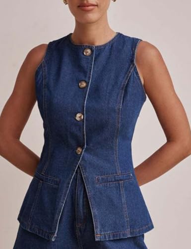 Perbai Women's Crewneck Button Down Denim Vest Tank Top Slim Jean Waistcoat Jacket with Pockets2