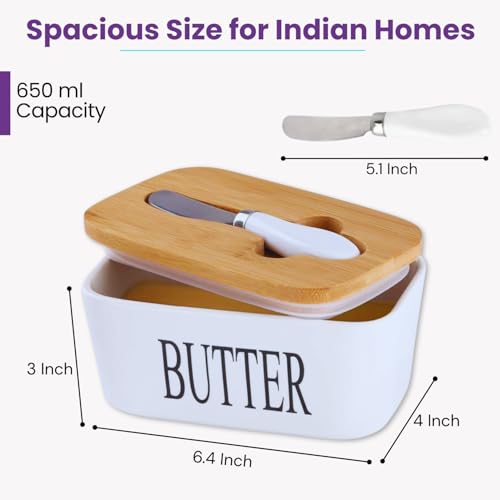 Image of Ceramic Butter Container with Wooden Lid & Butter Knife - Large Butter Dish for Kitchen Counter, Airtight Butter Keeper for Soft Butter, Elegant Ceramic Butter Box for Storage