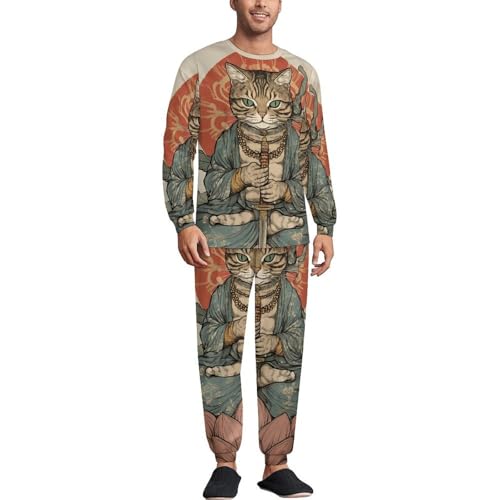 Vintage Japanese Samuraiscat Mens Pajamas Set Long Sleeve Sleepwear Pjs Set Shirts And Bottoms Sleep Sets Loungwear